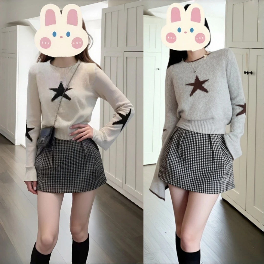 五角星薄款喇叭袖休闲风针织衫+千鸟格时尚网红半身裙BB50512