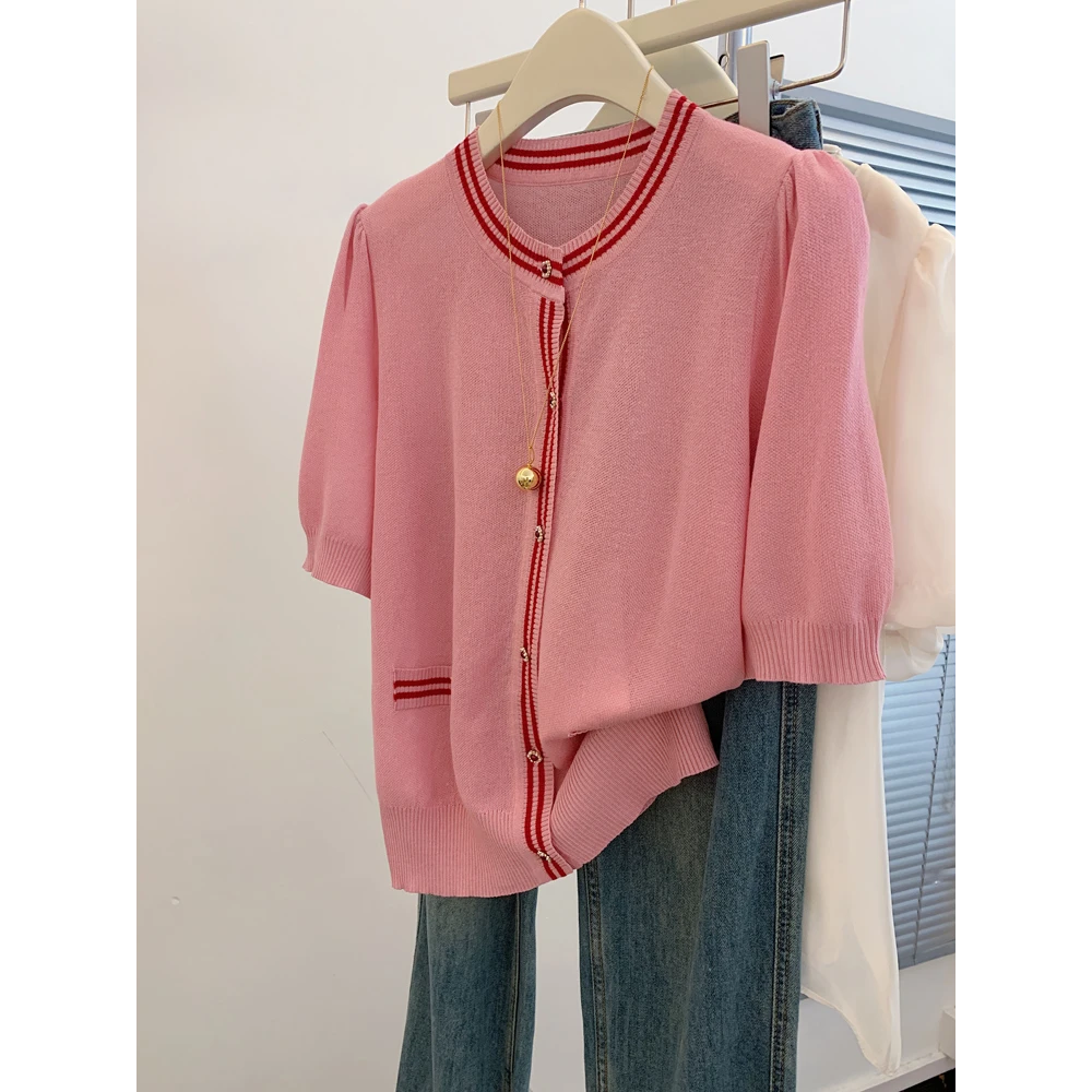 小香风撞色短袖t恤女宽松正肩显瘦遮肉上衣冰丝针织开衫外套粉色