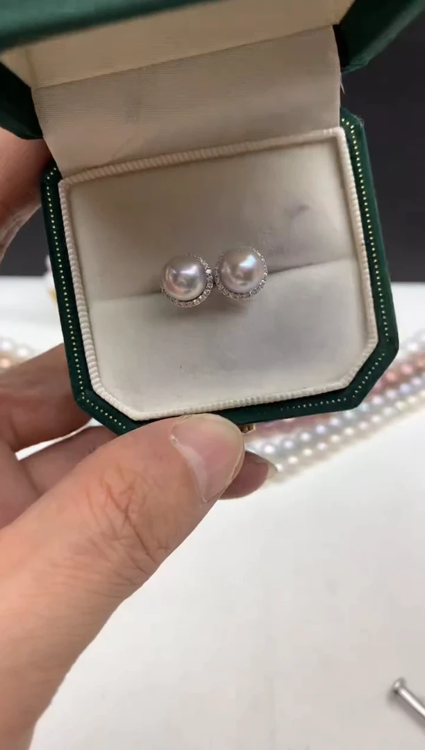 银S925镶嵌ff海水珍珠akoya灰珠耳饰7~8mm