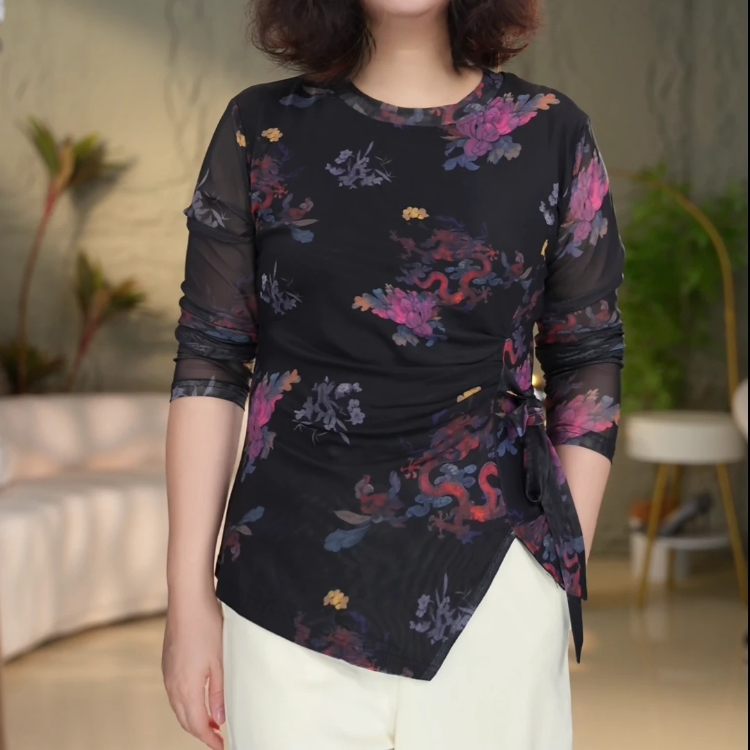 2519#新款2025年时尚百搭洋气显瘦休闲圆领系带T恤减龄长袖小衫