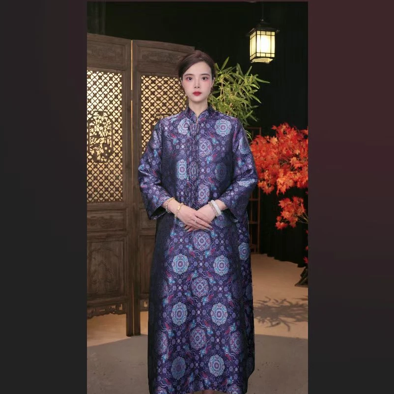 【紫圆纹】新款新中式中国风时尚高级宽松气质百搭宋锦袍子