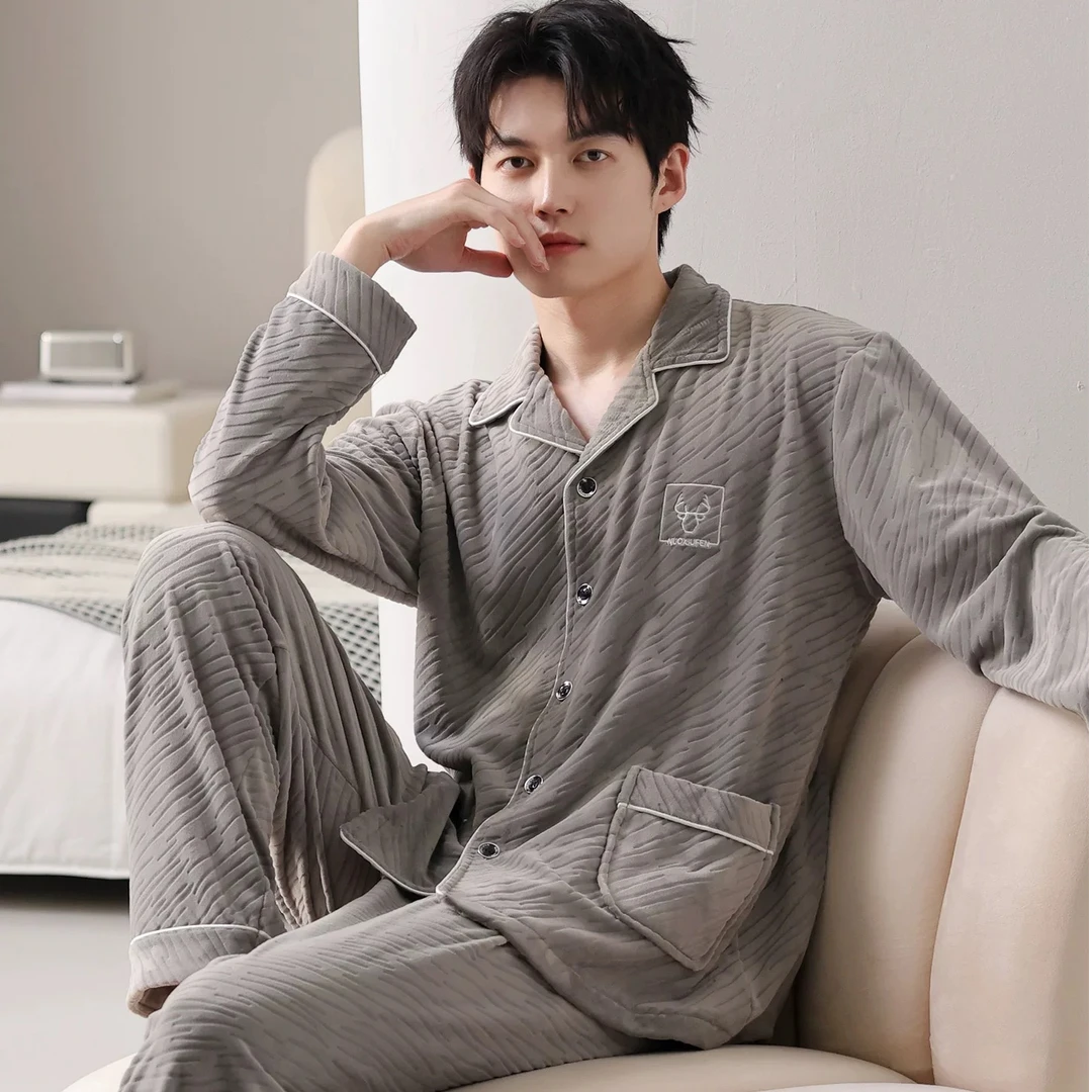 【树皮纹】海岛绒男士加肥加大加厚家居服保暖睡衣两件套家居服
