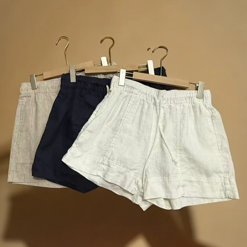 艳儿家【002款号100亚麻透气短裤】亲肤松紧腰抽绳休闲短裤夏季