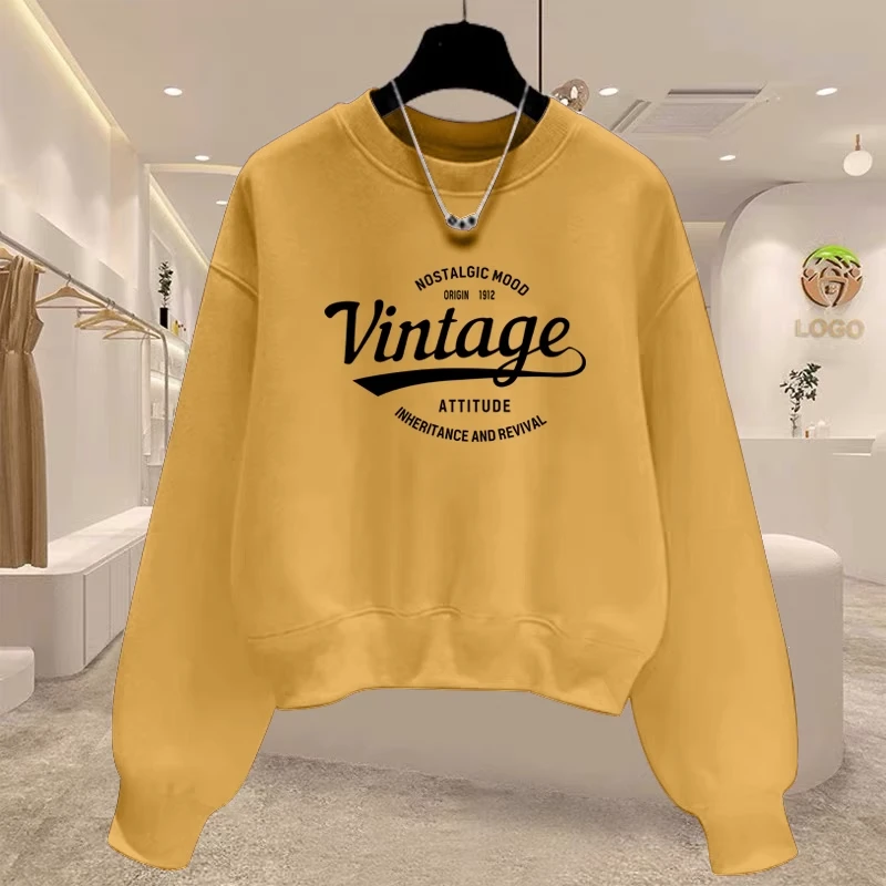 圆领套头短款卫衣女加绒加厚秋冬长袖上衣高腰显瘦小个子春秋薄款