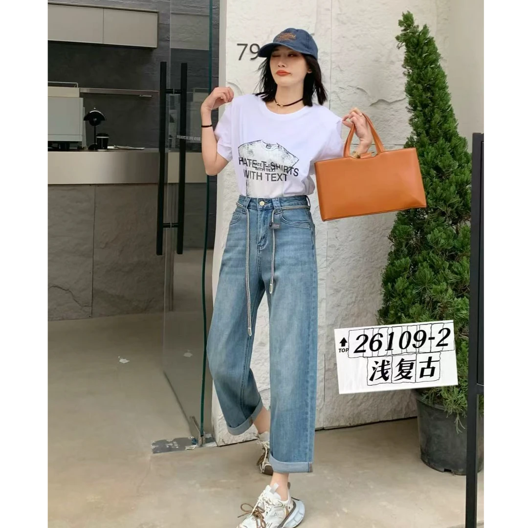 26109款高腰显瘦韩版蓝色水洗垮裤弹力百搭休闲时尚牛仔小个子