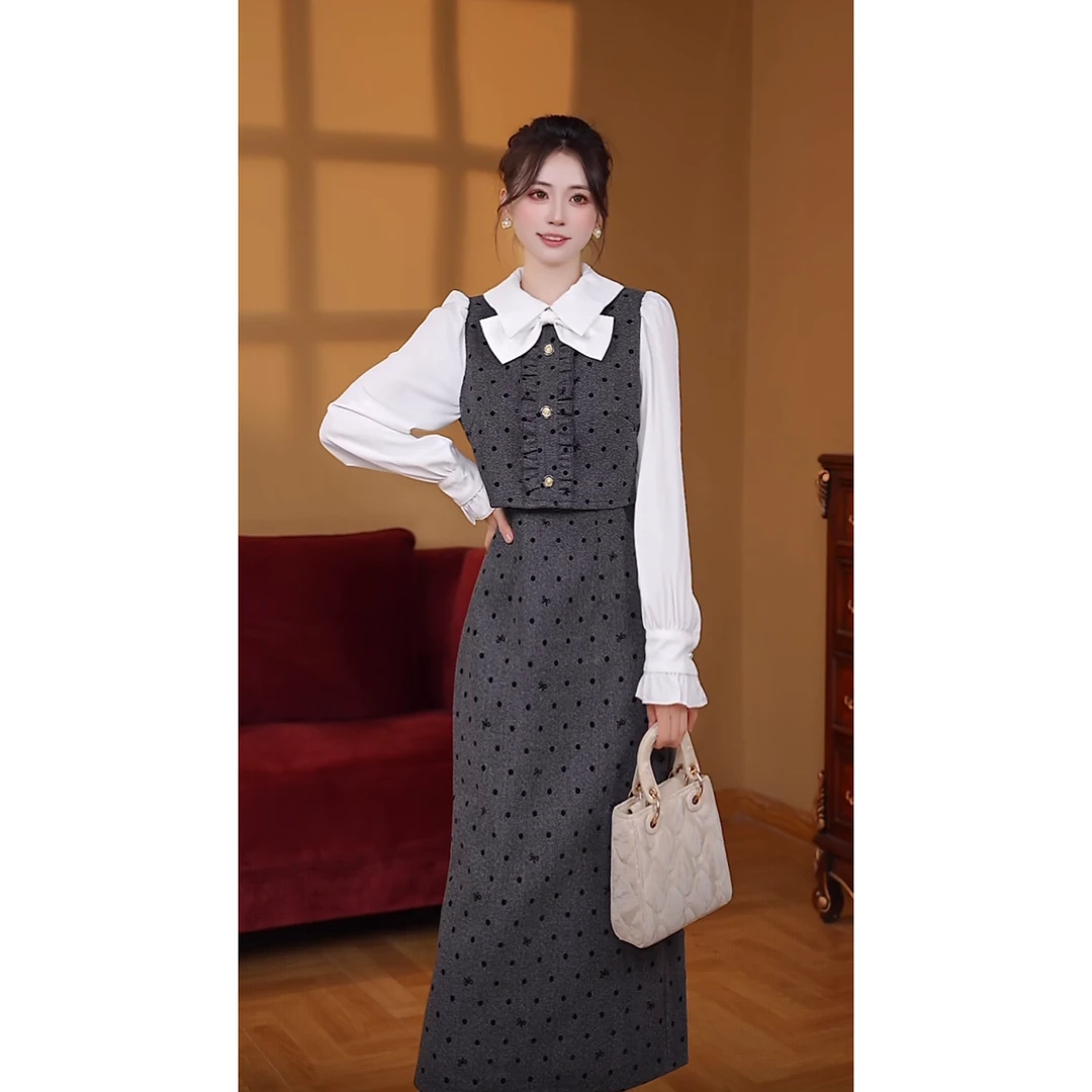 【替换】【有里布】春秋款拼接高级感小个子假两件长裙QY0065