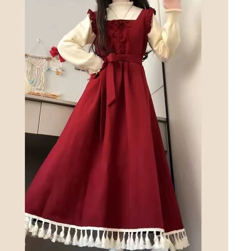 背带红色连衣裙子女2024新款过年新年战袍秋冬