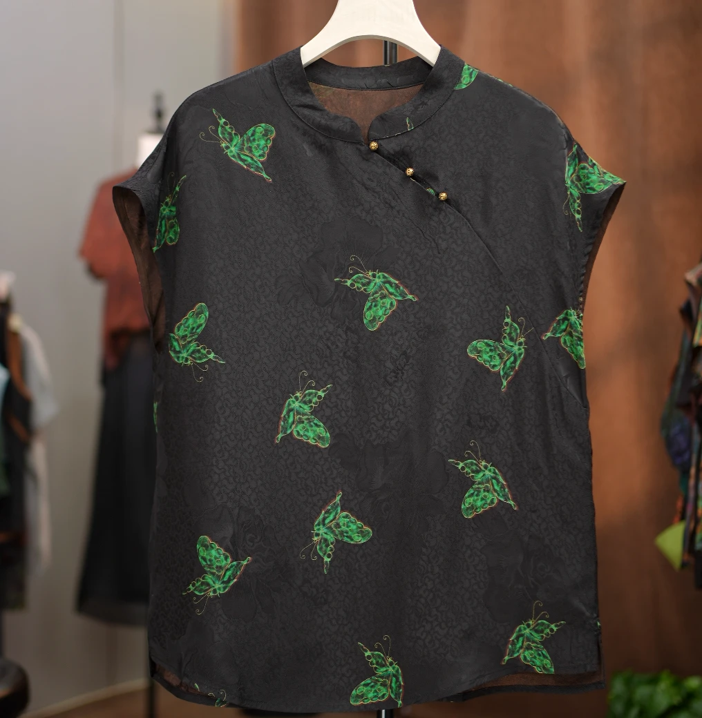 2032【绿蝴蝶】新中式百搭立领满萝提花上衣