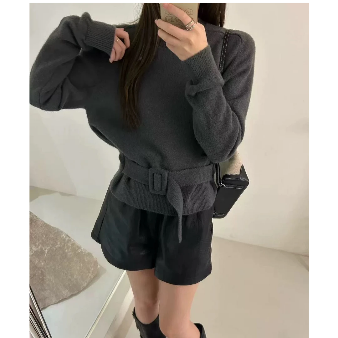 带腰带可调节圆领套头毛衣女宽松显瘦