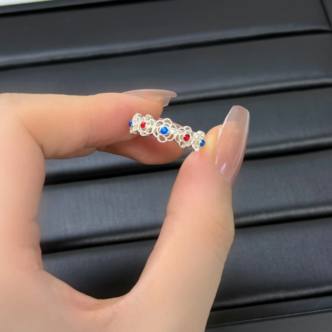 足银珐琅戒指 足银戒指9999 花丝珐琅彩宫廷风简约百搭时尚