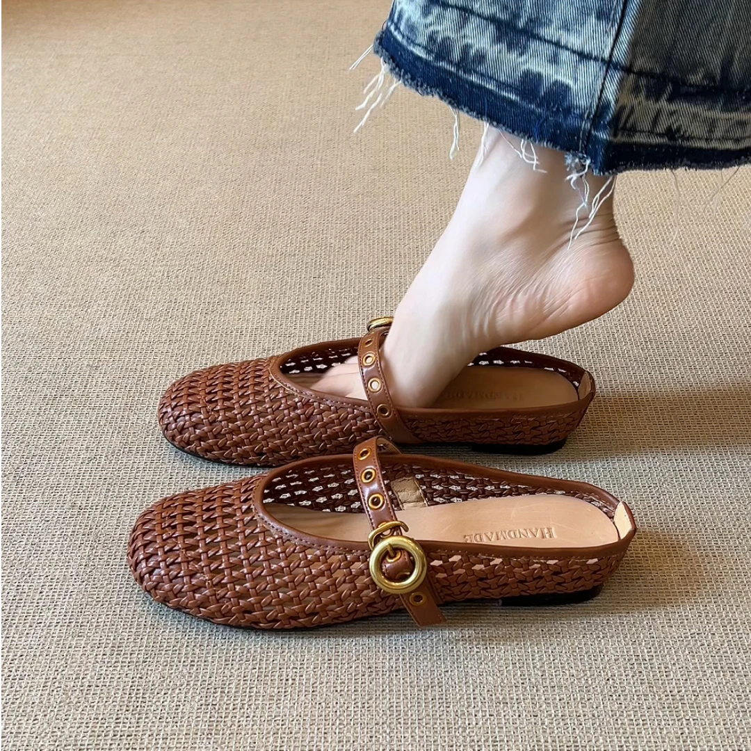 nnmiss/3.5cm百搭圆头编织镂空浅口一字带法式外穿低跟包头凉拖鞋