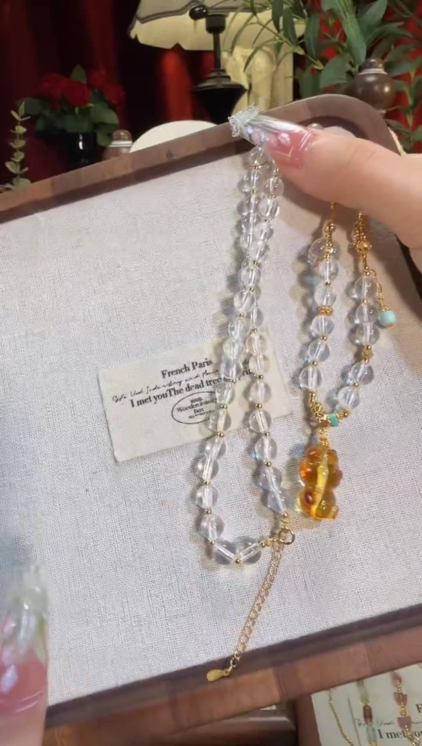 银S925镶嵌颈饰水晶胶皮小熊全净白水晶