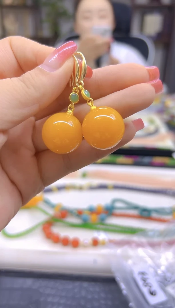 蜜蜡14K金镶嵌耳饰DIY款E893