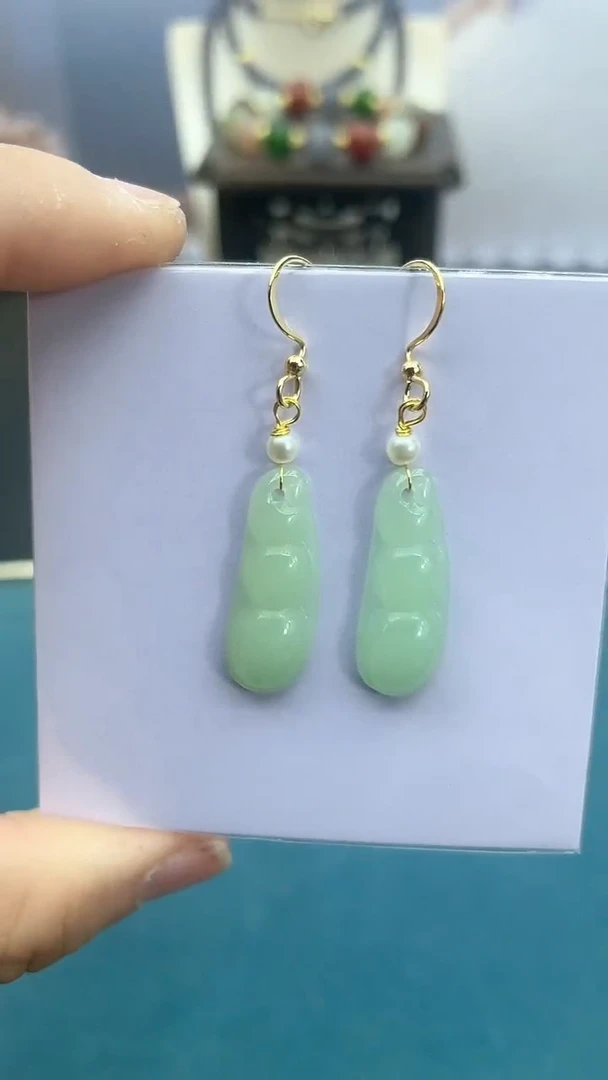 【闪购商品】和田玉耳饰14K金镶嵌四季豆耳钩