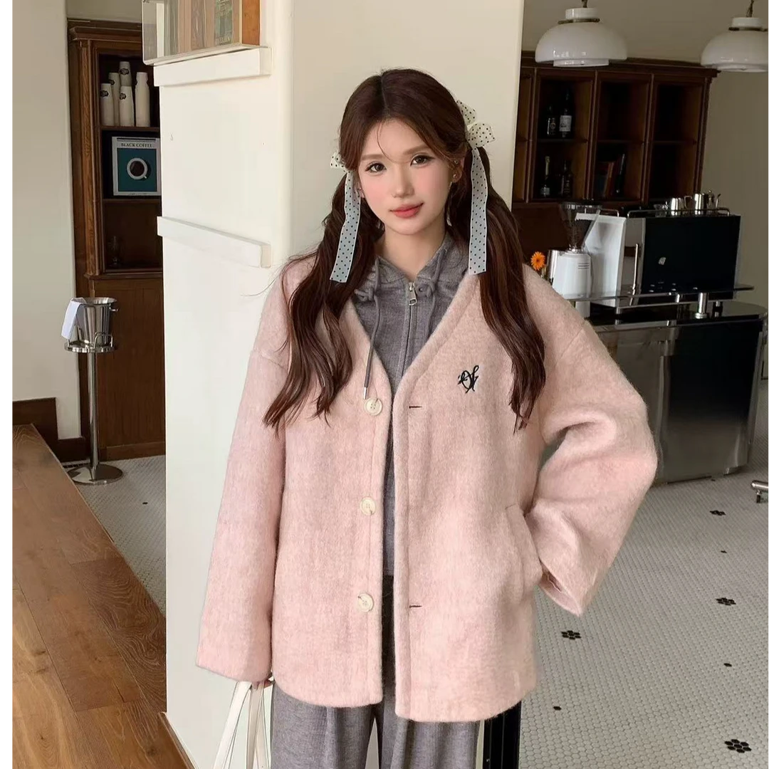 粉色毛呢外套女秋冬季灰色针织连帽修身短款拉链上衣阔腿长裤套装