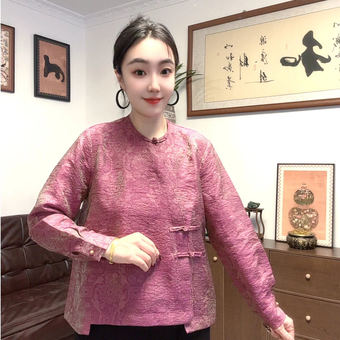 长袖上衣常规中国风圆领复古网红斜襟女装常规款提花