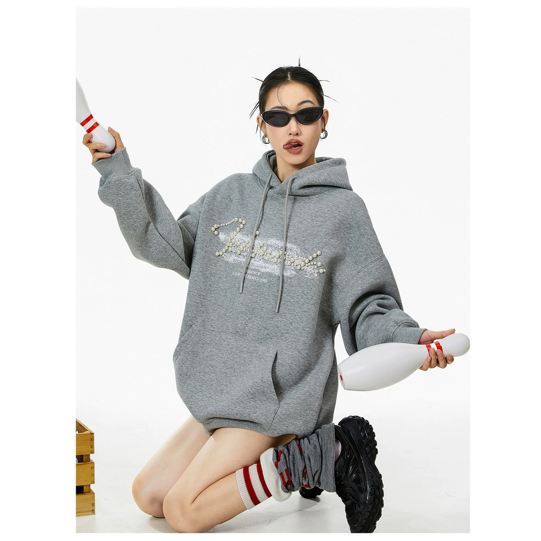 ICHMODE珍珠卫衣春季新款高街慵懒风春秋美式复古红色连帽宽松