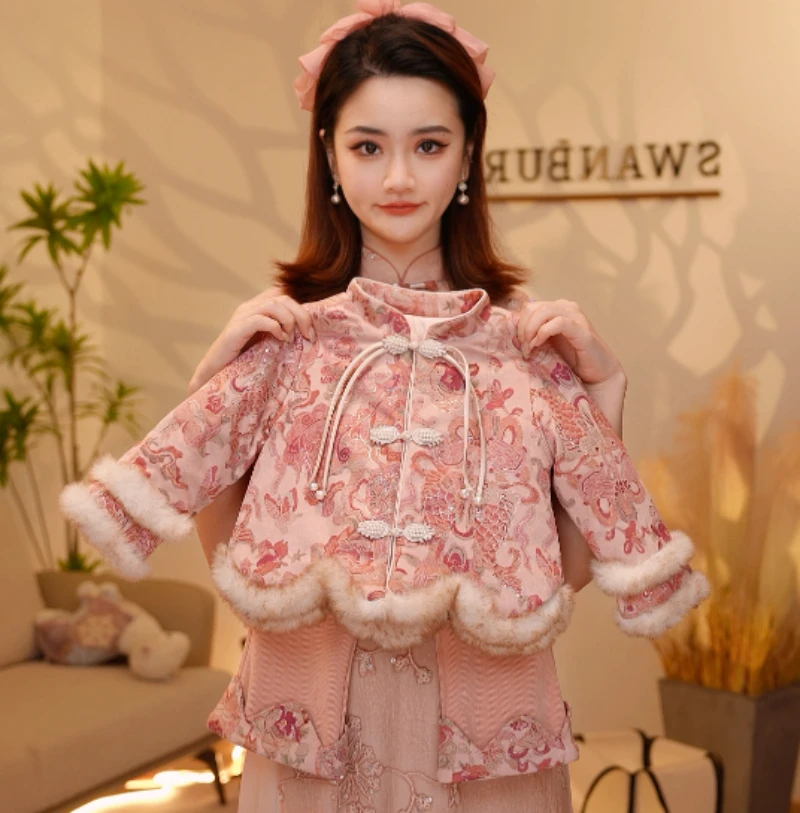 【Y.g9644】2025冬季新款女童国风加绒复古女宝重工长裤套装中式