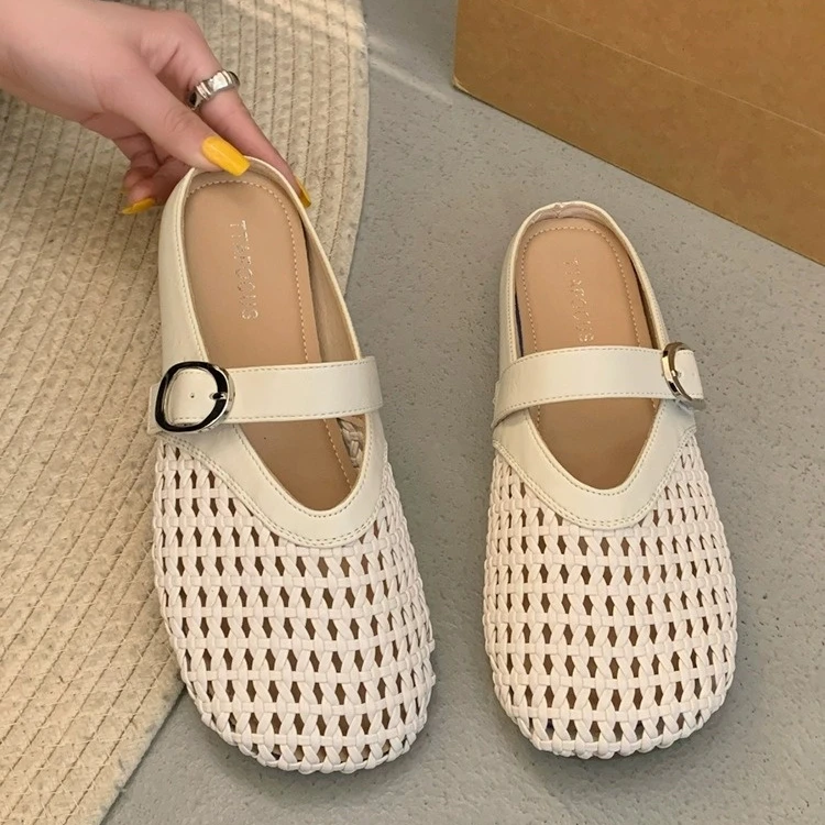 卓诗尼芙妮镂空平底百搭软底拖鞋女2025新款包头网面凉拖半拖女士