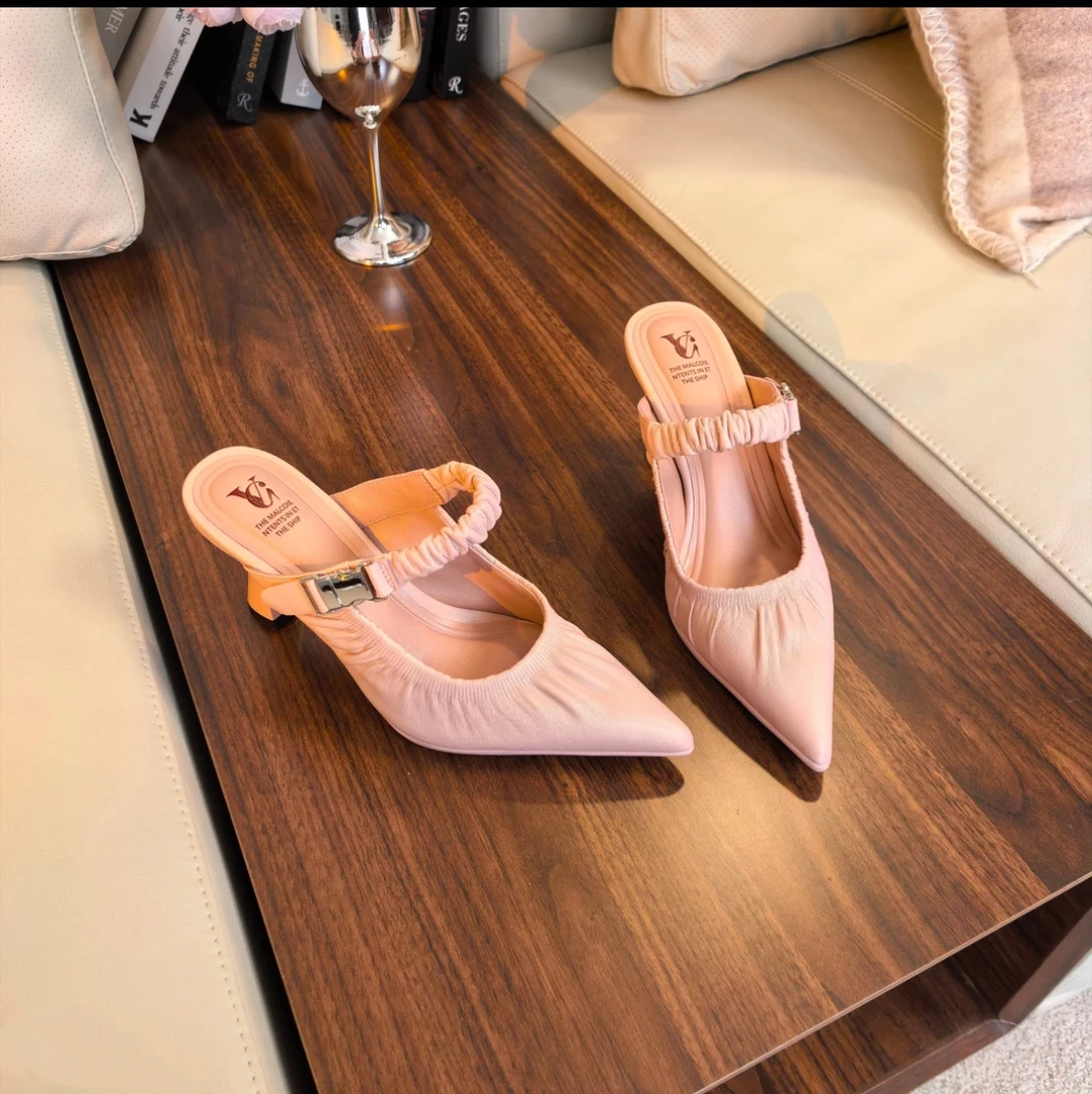 VG | 羊皮跟高7CM尖头凉鞋女气质时尚百搭夏季外穿粗跟买1赠3