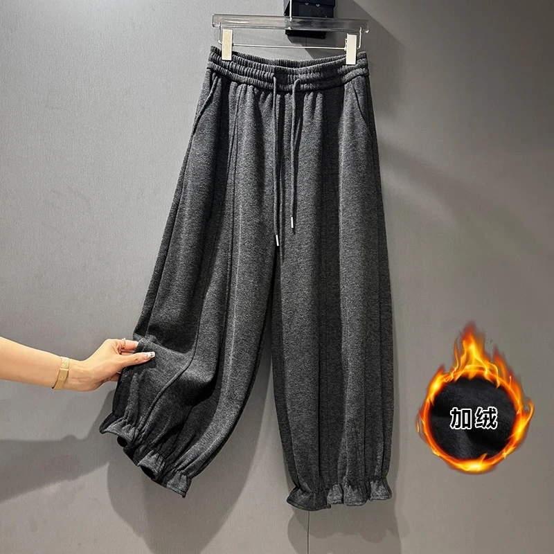 加绒毛呢灯笼裤子女小个子花苞裤九分阔腿木耳花边哈伦休闲裤秋冬