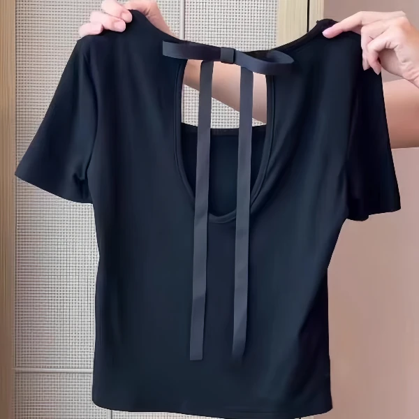 大码纯欲风方领正肩短袖女t恤夏胖mm显瘦蝴蝶结露背纯棉黑色上衣
