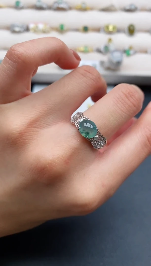 银S925镶嵌戒指翡翠缅甸天然A货翡翠222  10-