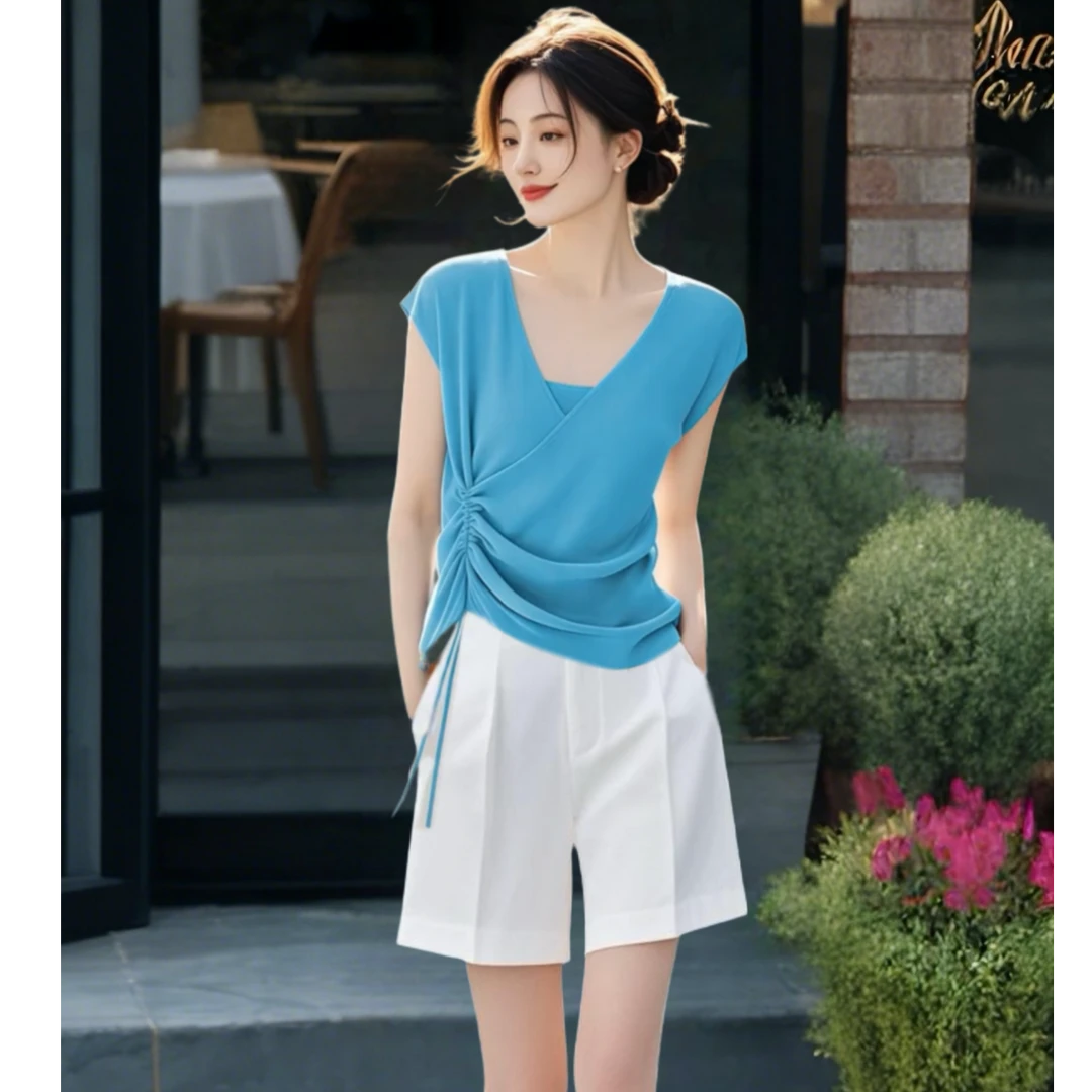 冰丝短袖t恤女2025新夏季爆款设计感超好看独特漂亮抽绳针织套装