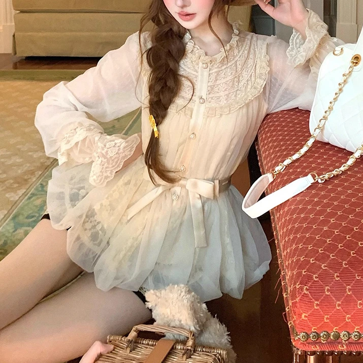 羽纱锦缎 梦幻中古 玩偶感蕾丝娃娃衫荷叶领衬衫宫廷风蕾丝长袖女
