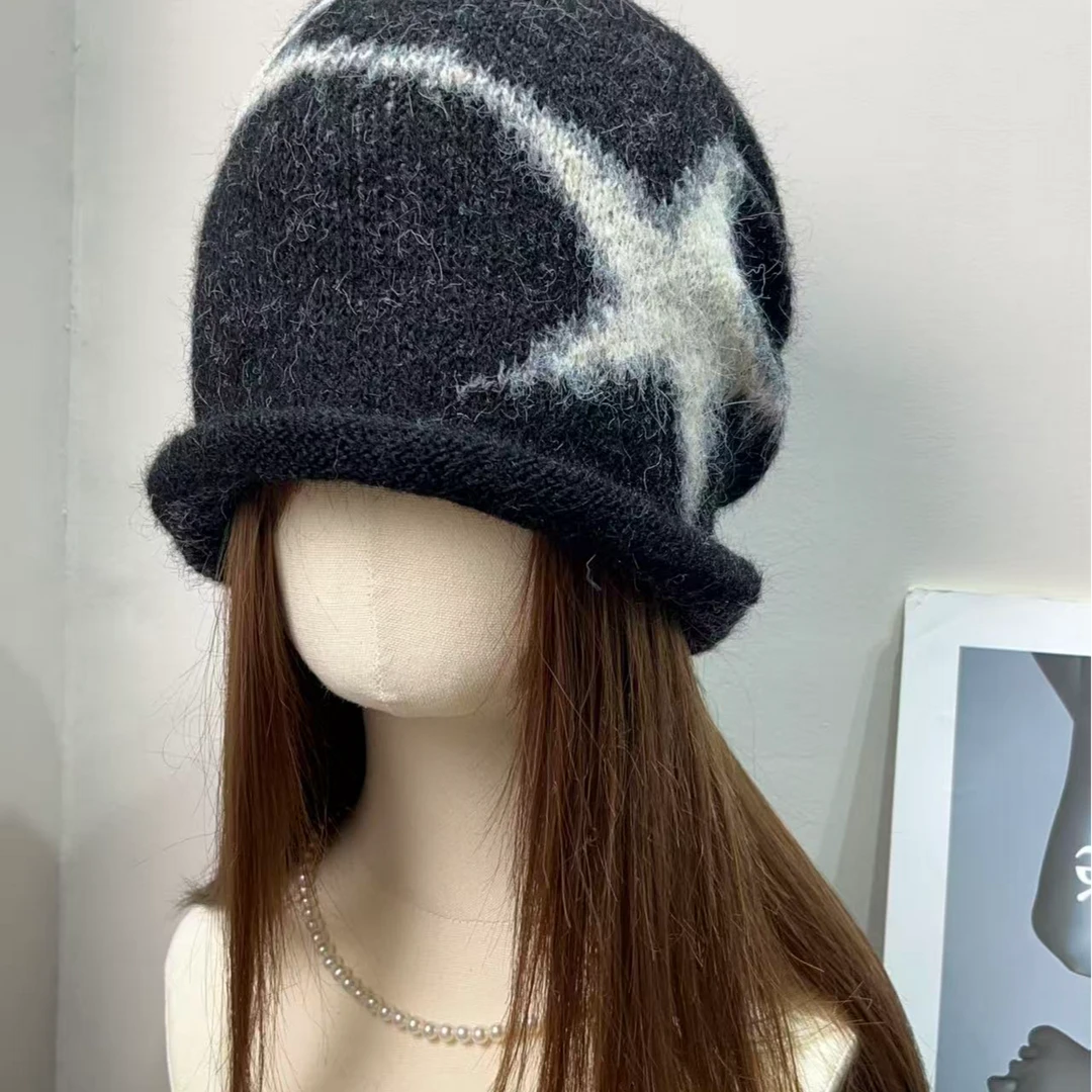 韩系复古辣妹马海毛秋冬季百搭休闲风针织帽毛线帽黑色保暖堆堆帽