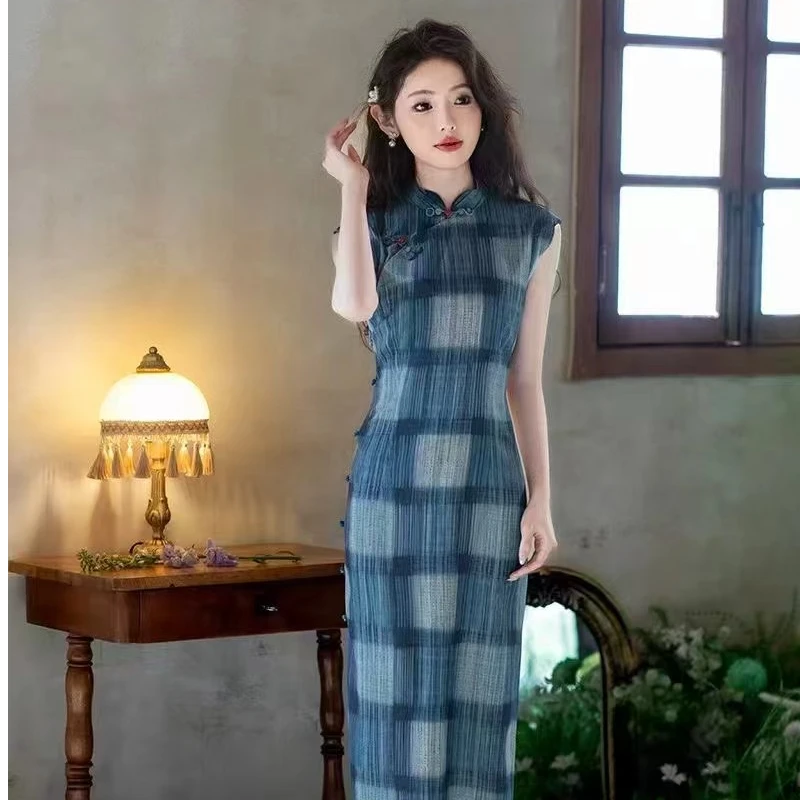 蓝色旗袍女新中式2025新款减龄气质送考连衣裙日常复古民国绝美