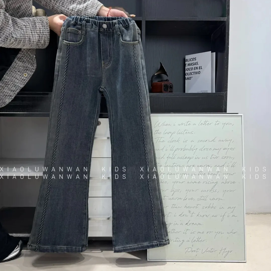 C099烟灰微喇韩版牛仔裤