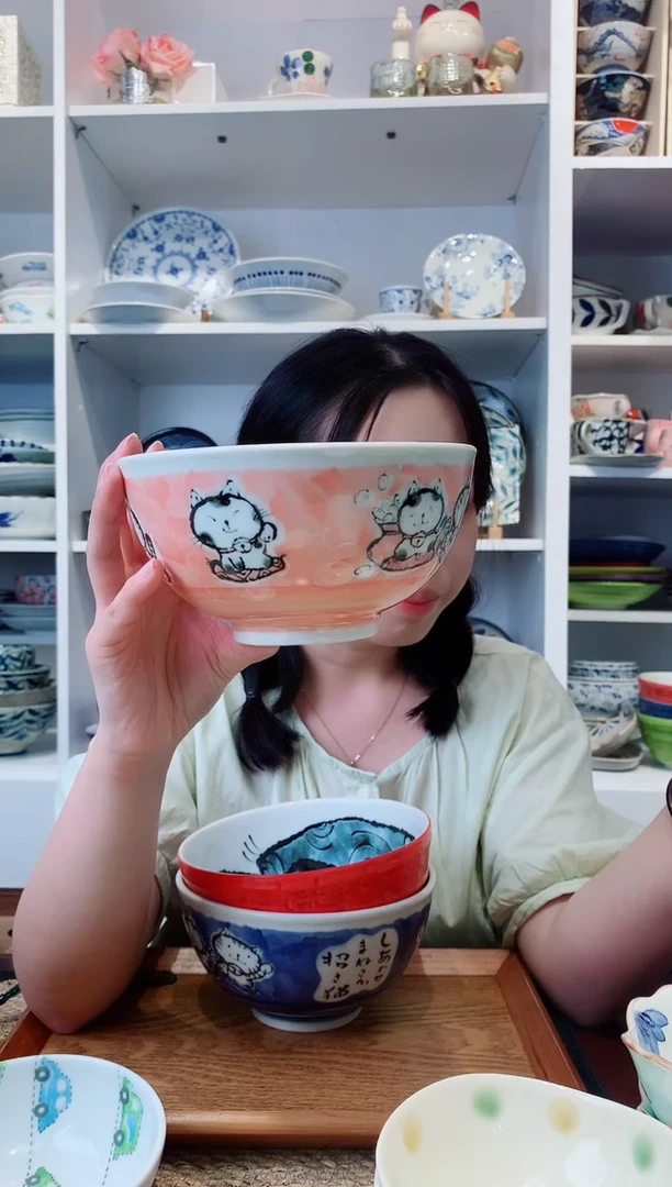 陶瓷粉色招财猫面碗