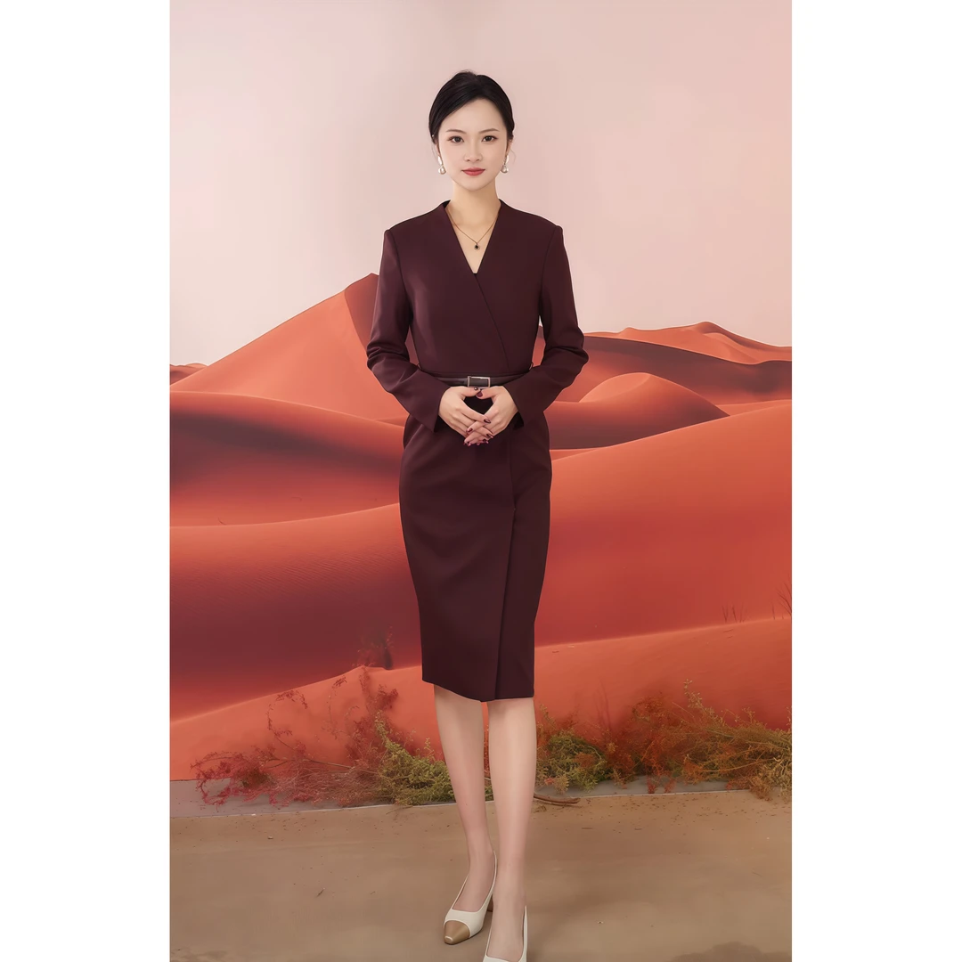 2025新款安可拉红连衣裙女春秋冬长袖收腰显瘦通勤正式场合职业装
