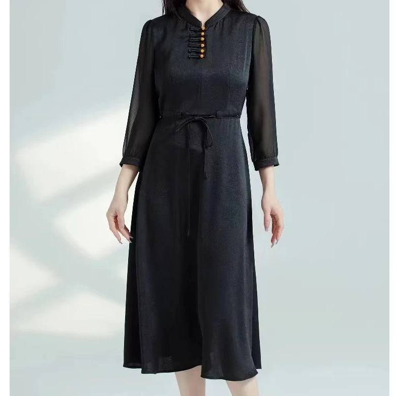 【SY256】立领连衣裙2025春夏新款国风盘扣纱袖系带收腰显瘦裙子