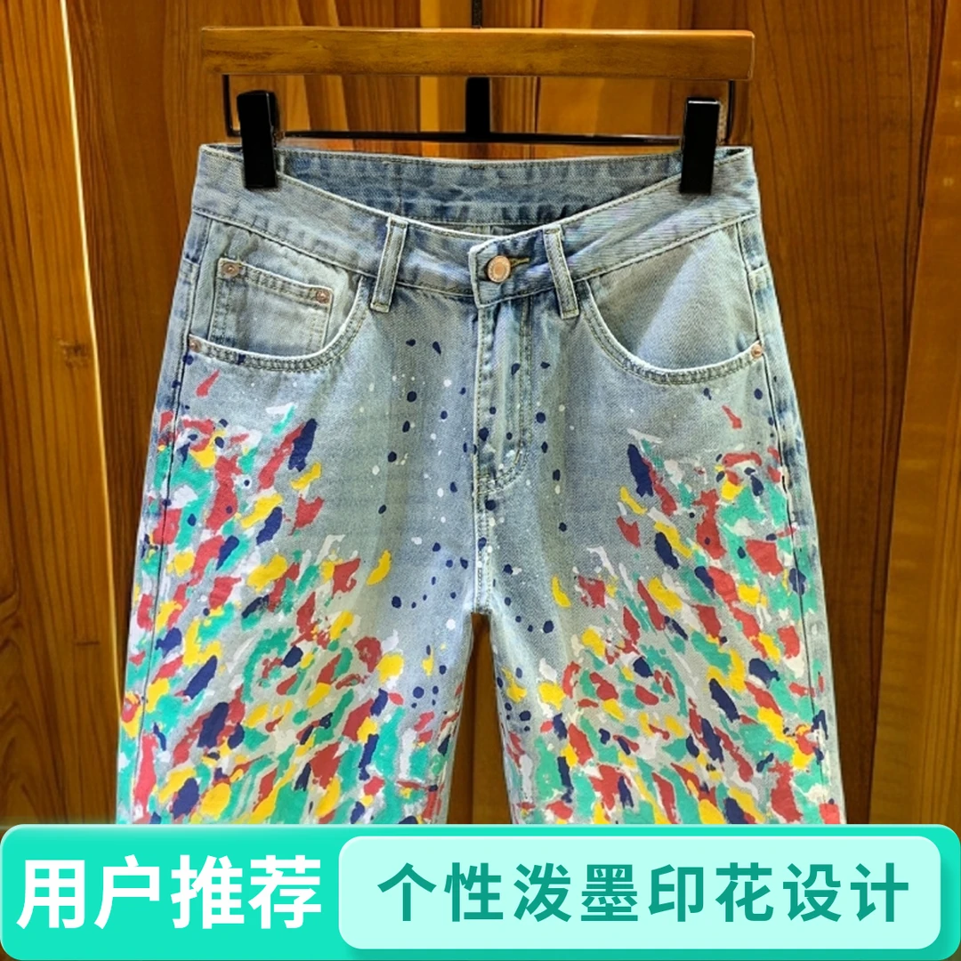 温纽旺夏季新款美式潮涂鸦牛仔短裤男士宽松直筒中裤休闲五分裤男