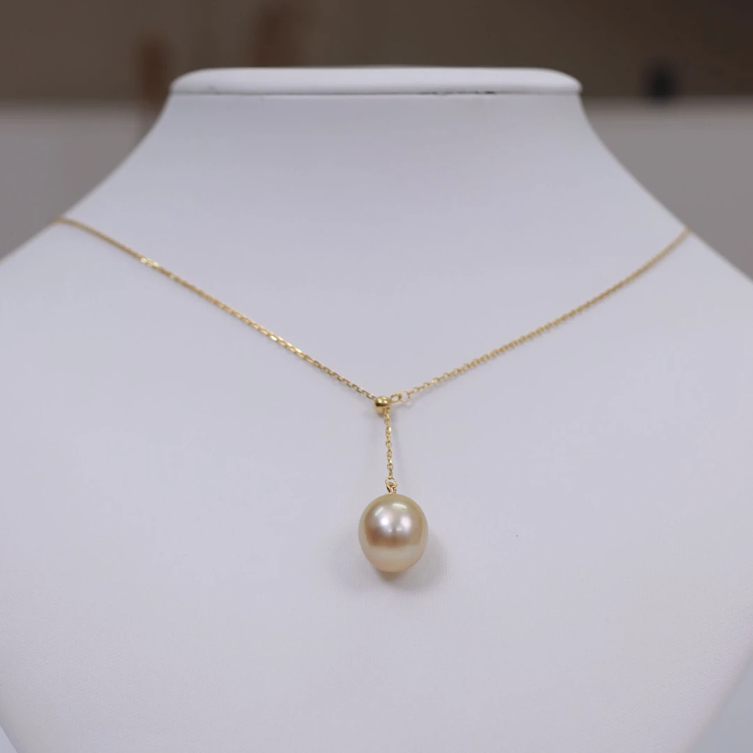 S925银海水金珠Y字链10-13mm左右抽拉金色简约