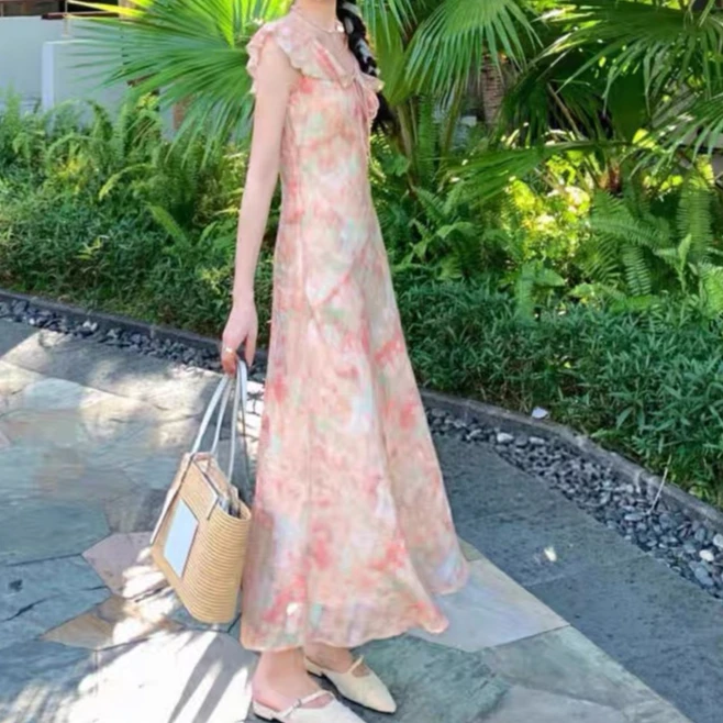 度假风荷叶边飞飞袖连衣裙女法式夏季新款收腰显瘦长裙子25812