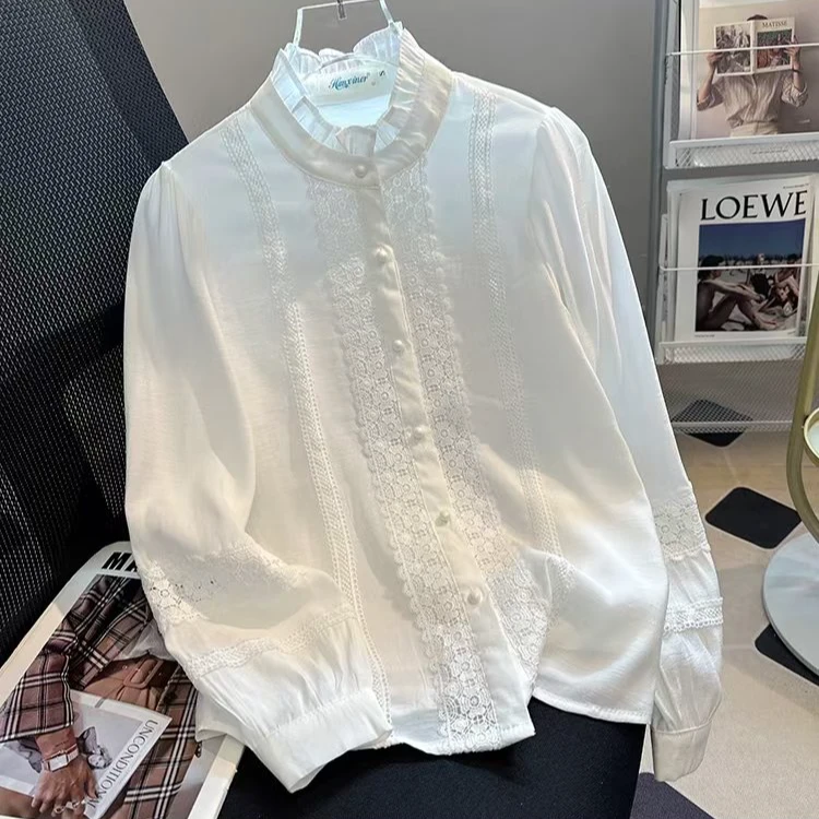 白色木耳立领衬衫女2024秋洋气新国风内搭灯笼长袖小衫上衣