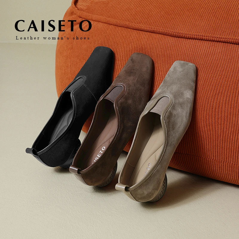 CAISETO2025秋季新款通勤简约百搭方头浅口粗跟真皮单鞋女5D532