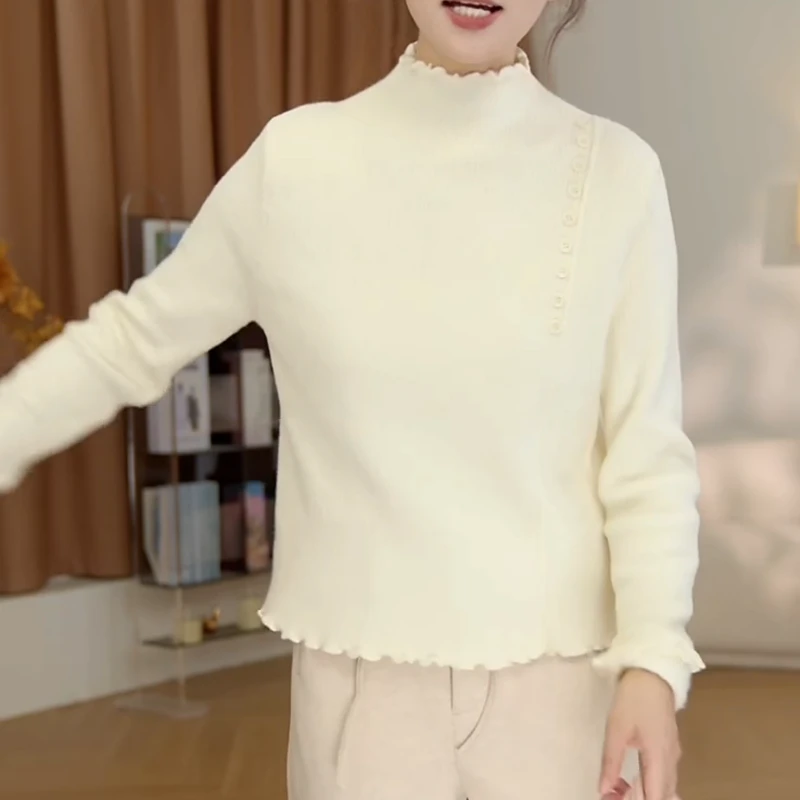 新款木耳边半高领针织打底衫冬季女百搭保暖毛衣LK2509063