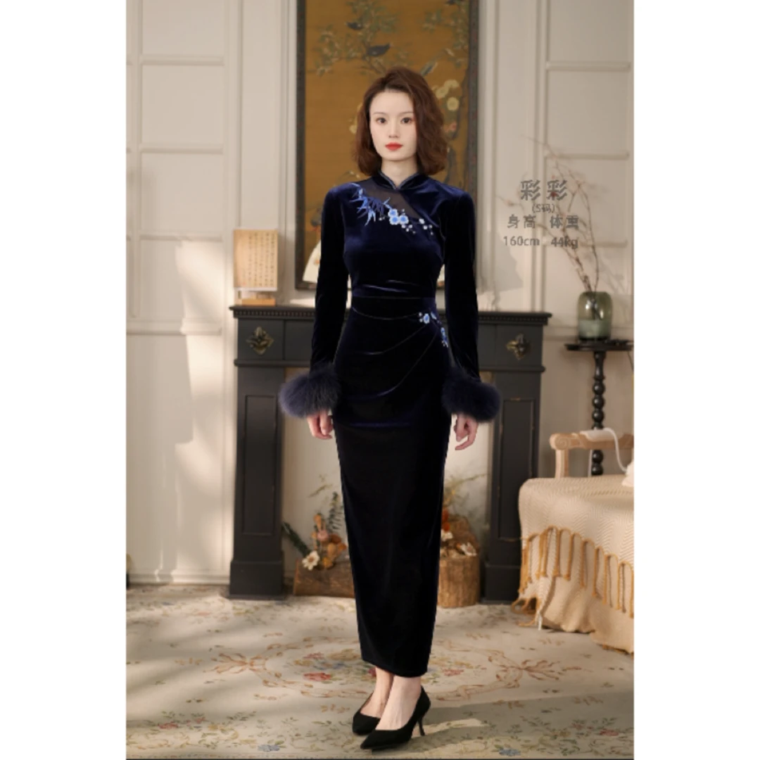 彩彩家【幽兰】原创气质复古长袖蓝色改良刺绣绣花旗袍--无袖毛版