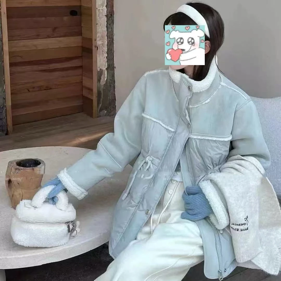 8856羔羔毛拼接立领外套on退on换～（无售后）（蓝绿）