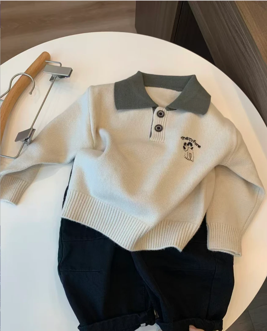 男童毛衣针织衫常规款翻领毛衣卡通动漫条纹POLO领韩版圆领