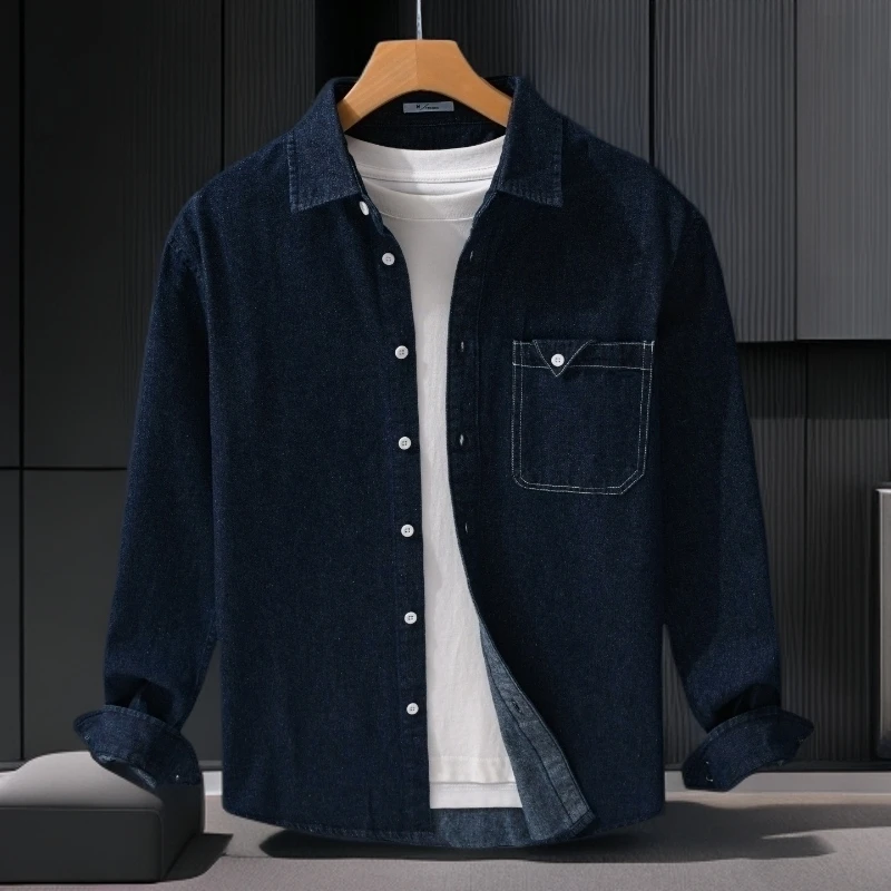 早秋简约牛仔百搭长袖衬衫春秋款男士高级感休闲宽松复古青年衬衣