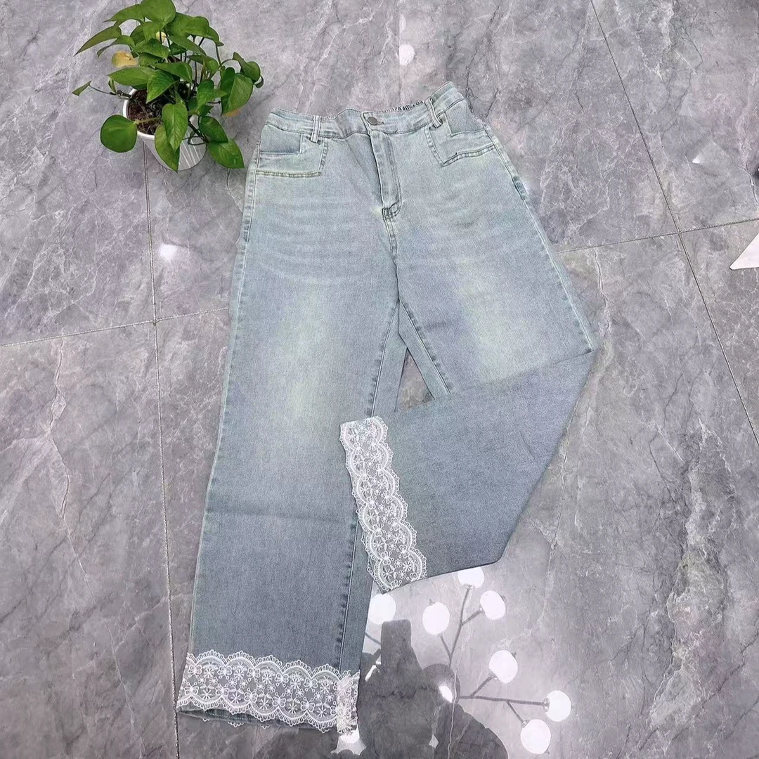 春夏季万能腰蕾丝花边软牛仔裤韩版遮肉小个子百搭时尚女装