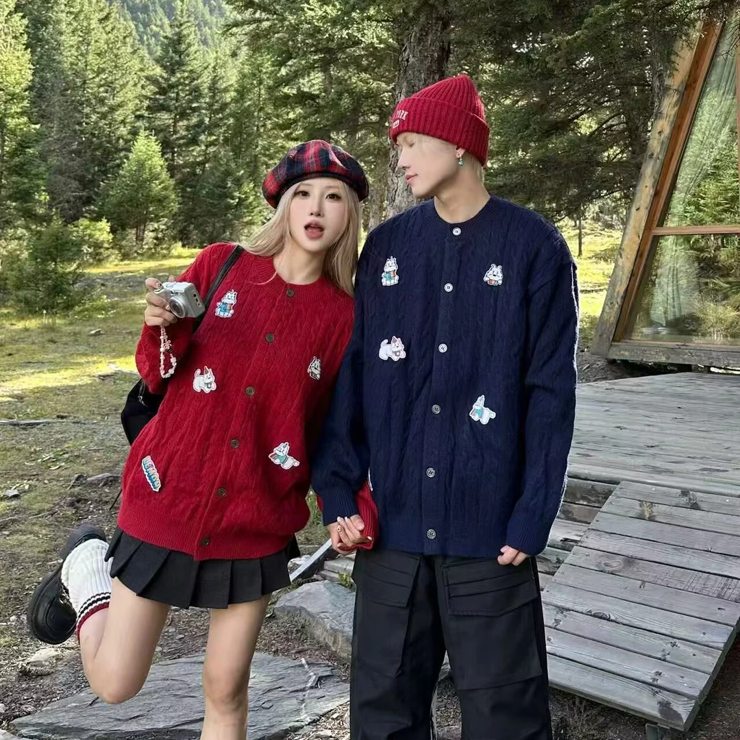 情侣装秋冬小众设计感卡通彩虹小狗开衫毛衣宽松休闲潮