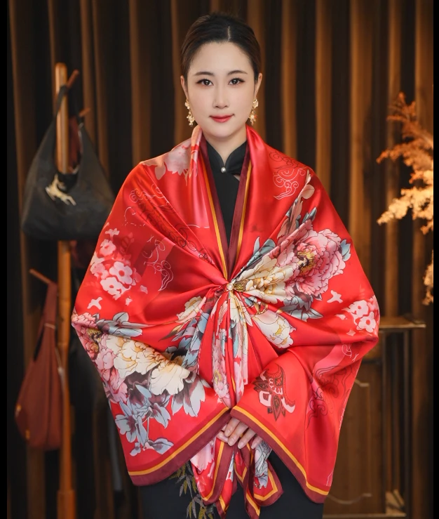 1-536【 红韵牡丹】 丽景段85X180左右丝巾长巾