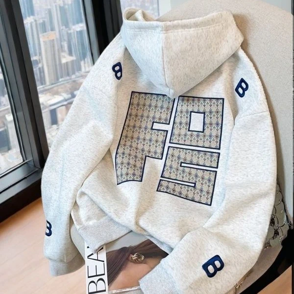 美式高街国潮字母刺绣连帽显瘦卫衣男女秋冬春季加绒情侣装上衣