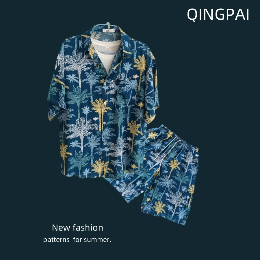 夏季夏威夷风短袖花衬衫宽松港风潮牌沙滩印花男衬衫短裤